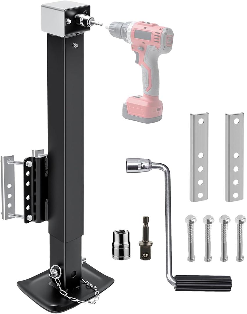 8000 lbs Heavy Duty Trailer Jack, 28.8" Lift, 20-24V Cordless Drill Compatible, for RV, Boat, Yacht & Utility Trailers, with Manual Crank Handle & Weatherproof Cover, Black