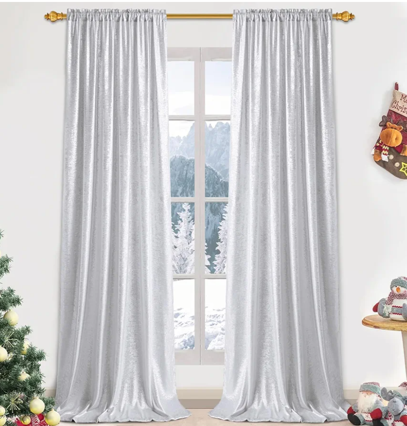 Silver Curtains , Living Room Curtains Silver Foil Print Drapes for Bedroom, Light Filtering Window Treatments Rod Pocket for Home Decor, 10*5 Ft