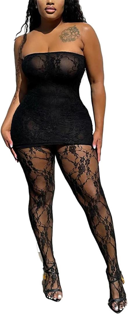 YOOTIKO Womens Sexy 2 Piece Outfits Date Night Birthday Clubwear Lace Tube Dress Top Stockings Set (Large, Black)