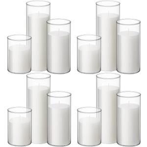 Shihanee Set of 12 Pillar Candles and Glass Cylinder Vases Clear Cylinder CandleHolders for Slim Pillar Candles Wedding Centerpieces(3.4''x 4.7'', 7'', 9.8'',White)