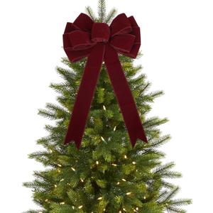 13" Dark Red Bow Pre-Tied Bow for Christmas Tree, Burgundy Velvet Ribbon Bows for Wreaths, Premade Tree Toppers Bows for Gift Wrapping, Party Favor, Christmas Home Indoor Outdoor Decor-1 PCs