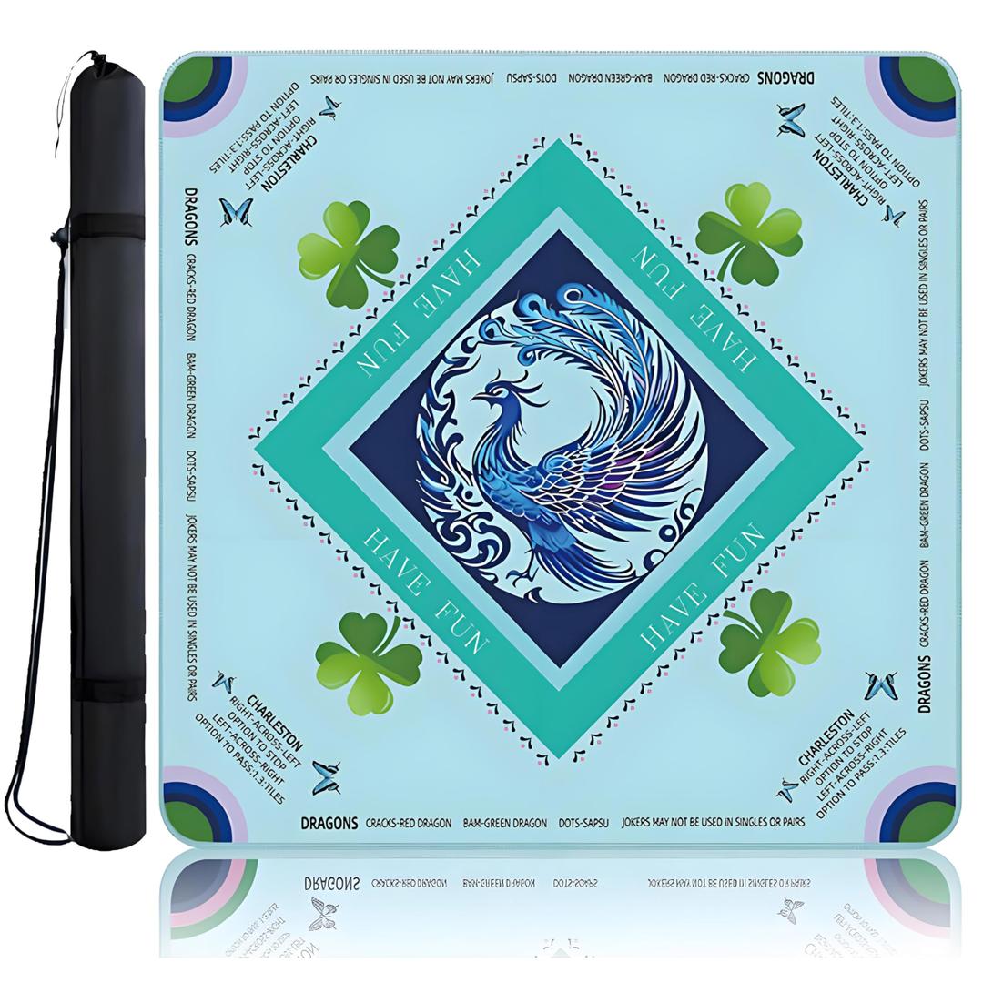 Mahjong Mat Non-Slip 32.68x32.68 Inch | Noise Reduction Game Table Mat with Carrying Bag - for Mahjong, Board Games, Dominoes, Poker Cards, Tabletop Gaming（Blue/Peacock）