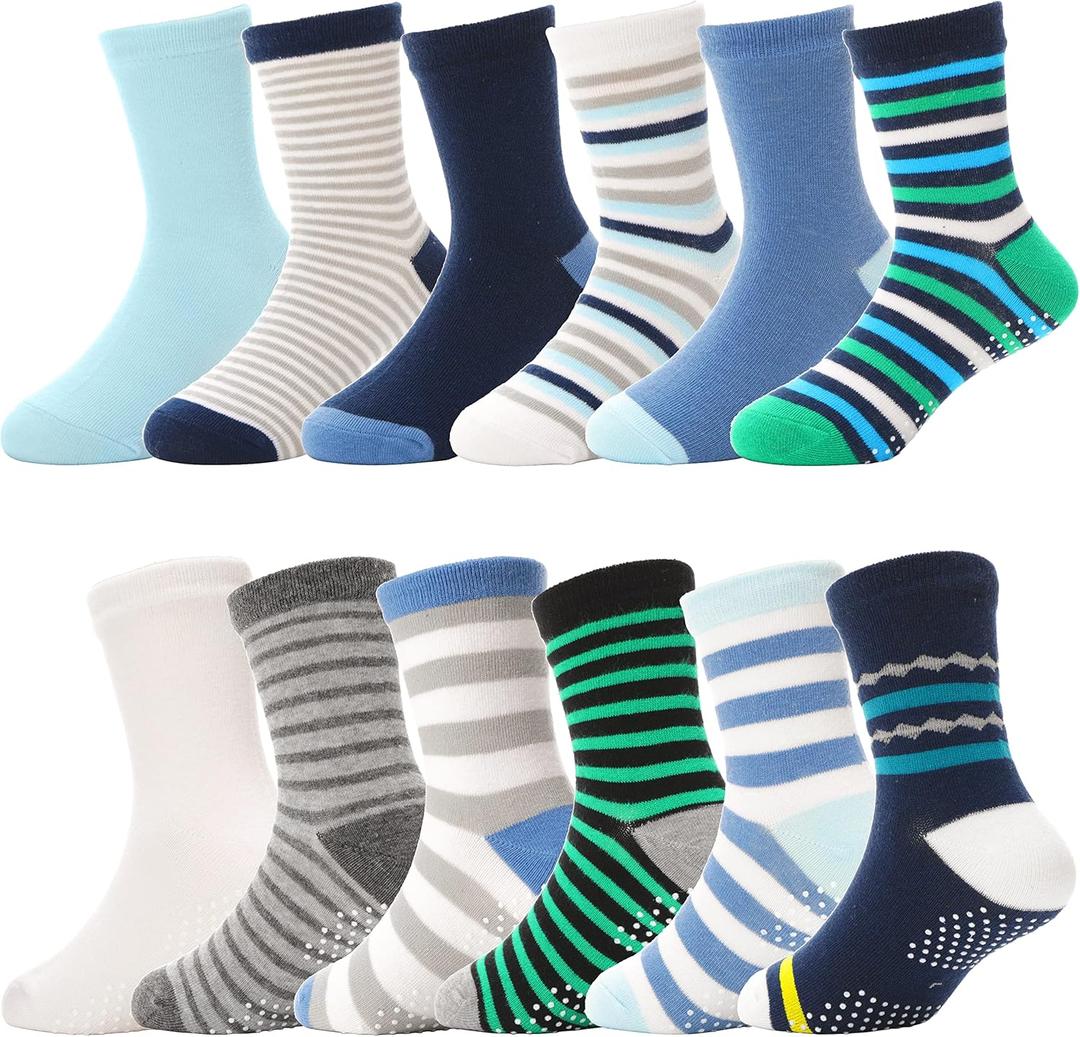 ANTSANG Baby Boys Grips Socks Kids Toddlers Infants Non Slip/Anti Skid Crew Cotton Socks (1-3T, Blue Striped(12 Pairs))