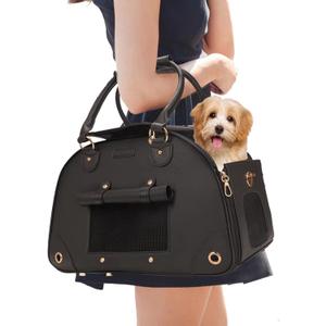 Dog Carrier, Cat Carrier, Pet Carrier, Foldable Premium PU Leather Dog Purse, Portable Tote Bag Carrier for Small to Medium Cats and Small Dogs Black-Medium