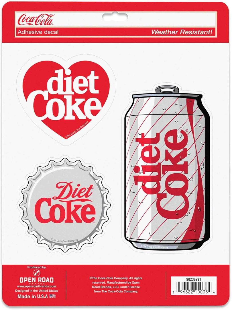 Coca-Cola Diet Coke Adhesive Vinyl Decals - Fun Set of Diet Coke Stickers for Laptop, Car or Water Bottle, 1 Pack (3 Count)
