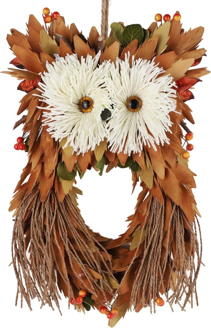 winemana Fall Wreaths for Front Door - 14 Inch Handmade Owl Wreath with Berries & Autumn Leaves, Fall Decorations for Home Outside Farmhouse, Thanksgiving Boho Harvest Decor for Porch