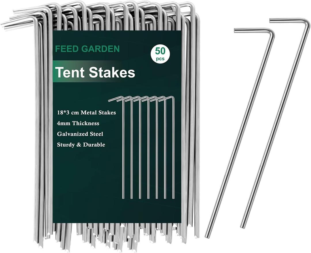 FEED GARDEN 7 Inch Tent Stakes 50 Pack Yard Inflatable Stakes for Outdoor Decorations Metal Pegs Heavy Duty Garden Hooks Camping Tent Spikes for Canopies, Tarp and Outdoor Christmas Decorations