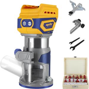 Cordless Compact Router, Mellif Brushless Palm Router Compatible with DeWalt 20V MAX Battery (Tool Only) 28,000RPM 600W w/Fixed Base, 12PCS 1/4" Router Bits, 5-Speed, Edge & Roller Guides, Dust Hood