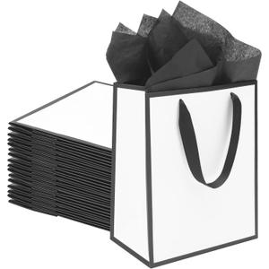 QIELSER Black and White Gift Bags with Handles, 8x5x10 Inch Medium Paper Bags with Tissue Paper for Wedding, Baby Shower, Birthday, Party, Holiday, Guest Welcome Bags (48)