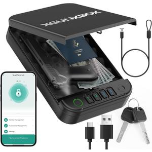 Gun Safe, Upgrade APP Control Portable Small Pistol Safe Travel Case, Biometric Gun Safes for Handgun, Fingerprint Quick Access Gun Box with Keys, Keypad and USB-C Port for Home Bedside Nightstand Car
