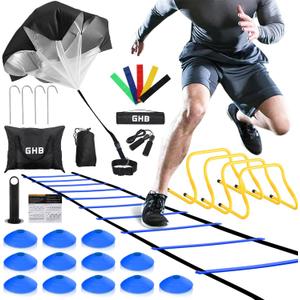 GHB Agility Ladder,Football Training Equipment Set,4 Agility Hurdles, 20 feet12 Rungs Speed Ladder,12 Disc Cones,Resistance Parachute, Jump Rope, 5 Resistance Bands (Blue)