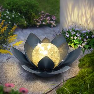 Huaxu Solar Lights Outdoor Garden Decor Crackle Glass Globe Lotus Flower Gray Metal Waterproof Light for Patio,Lawn,Walkway,Tabletop,Ground,Gifts for Mom,Women,Christmas
