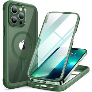 Miracase Magnetic for iPhone 13 Pro Max Case 6.7 inch, (Compatible with MagSafe) Upgrade Full-Body Clear Phone Bumper Case with Built-in 9H Tempered Glass Screen Protector, Magnetic Acacia Green