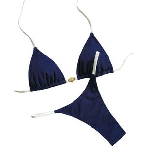 SOLY HUX Women's Halter Triangle Bikini Set Contrast Binding Thong Bathing Suit Two Piece Swimsuit (Medium, Solid Dark Blue)