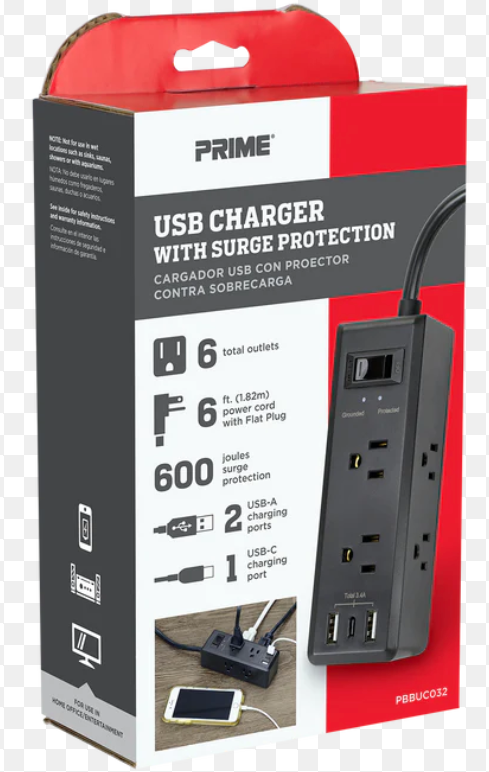 SLIM 600J W USB A/C6 FT BLK FLAT SURGE