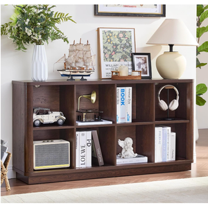 Joaxswe 8 Cube Bookcase, 52" Long Horizontal Book Shelf w/Curved Edge, Floor Standing 2-Tier Cubby TV Stand Bookshelf with Wooden Base, Farmhouse Low Storage Cabinet for Living Room, Office, Walnut