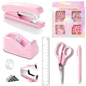 Pink Desk Accessories, Pink Office Supplies Accessories with Tape Dispenser, Stapler, Staple Remover, 1000 Staples, Tape, Clips Set, Ruler, Scissor, Pen