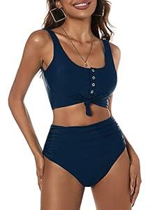 ZAFUL Women's High Waisted Bikini Scoop Neck Swimsuit Two Pieces Bathing Suit DarkBlue M