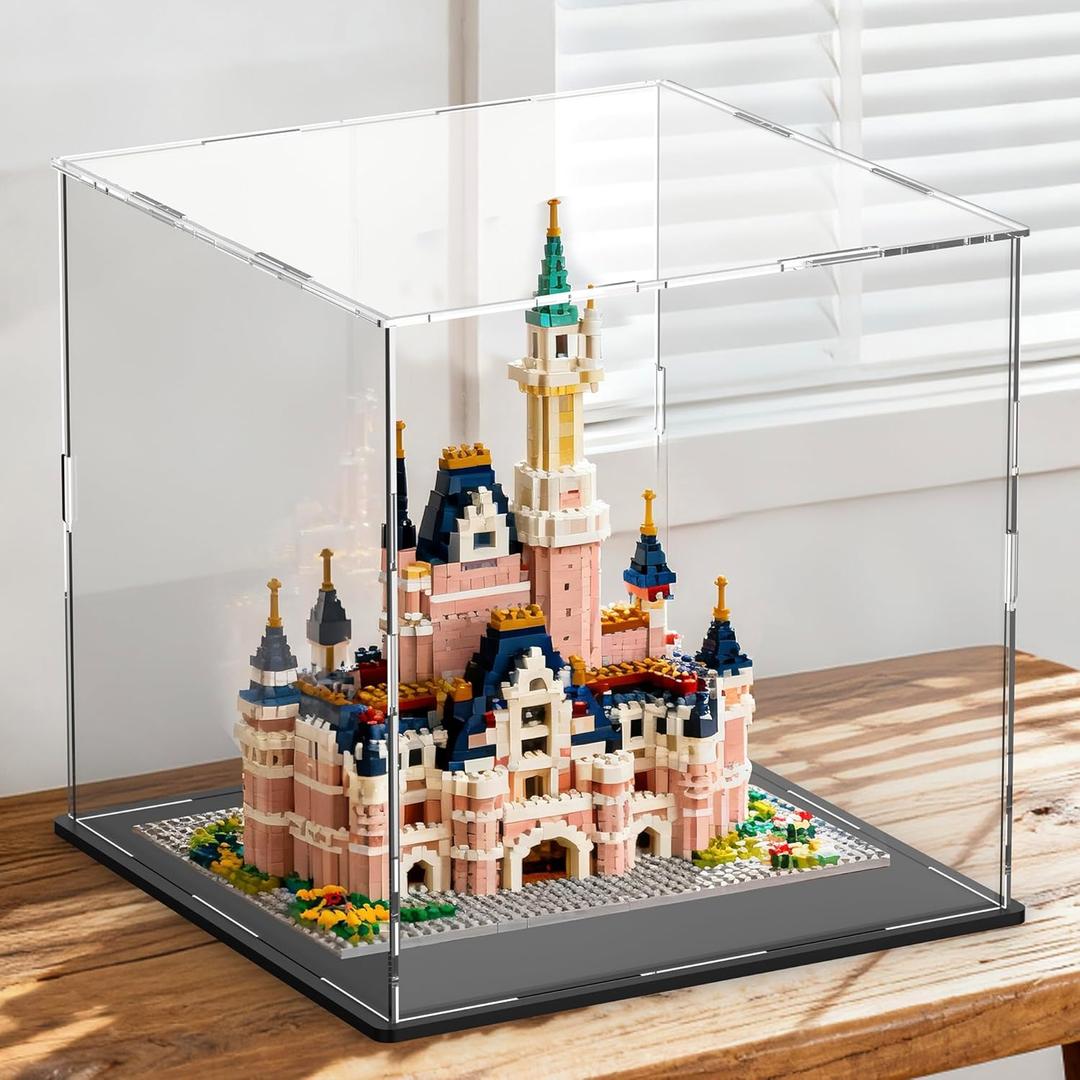 SVENJBB Large Display Case for Collectibles, 13x13x13 Inch Acrylic Box for Miniature House and Figures, Clear Acrylic Display Cases with Matte Black Base for Collection Protection and Storage