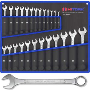 HITORK 25 Piece Metric Wrench Set (6-32 mm) CrV Steel Matt Finish with Polished Head 12 Point Box End 15 Offset Roll Up Pouch Durable Combination Wrench Set for Home, Garage & Auto Repair