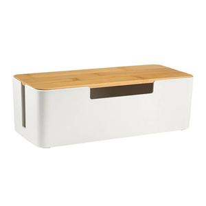 ABS Cord Organizer Box with Wooden Lid, Cable Management Box for Power Strips or Surge Protectors, Desk Cable Tidy Box for Office Home(White)