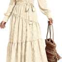 dowerme Women's Casual Dresses 2025 Fall Fashion Long Sleeve Button Up Floral Print Belted Tiered Boho Maxi Party Dress, Size XXL (Beige)