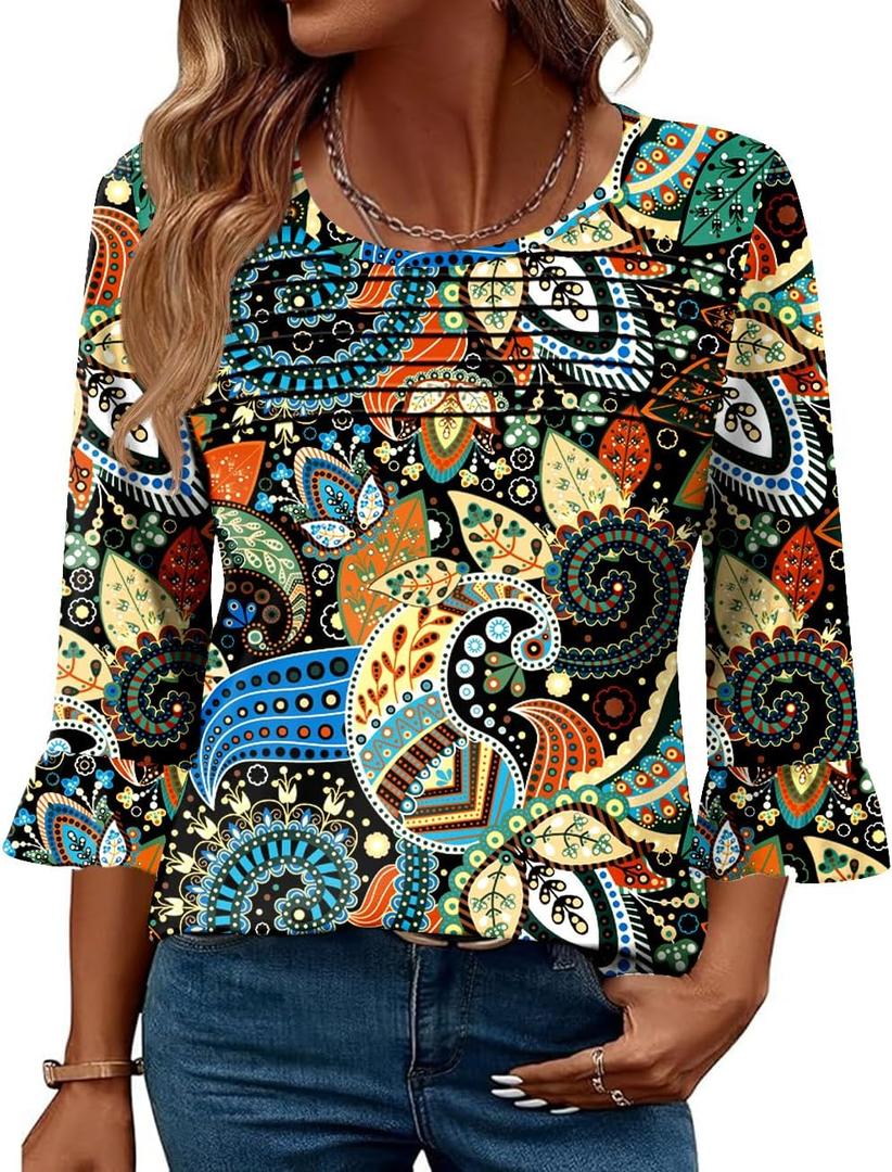 Blingfit Womens Tops 3/4 Length Sleeve Dressy Casual Shirts Bell Sleeve Front Pleated Fasion Trendy Summer Blouses 2026 (M)