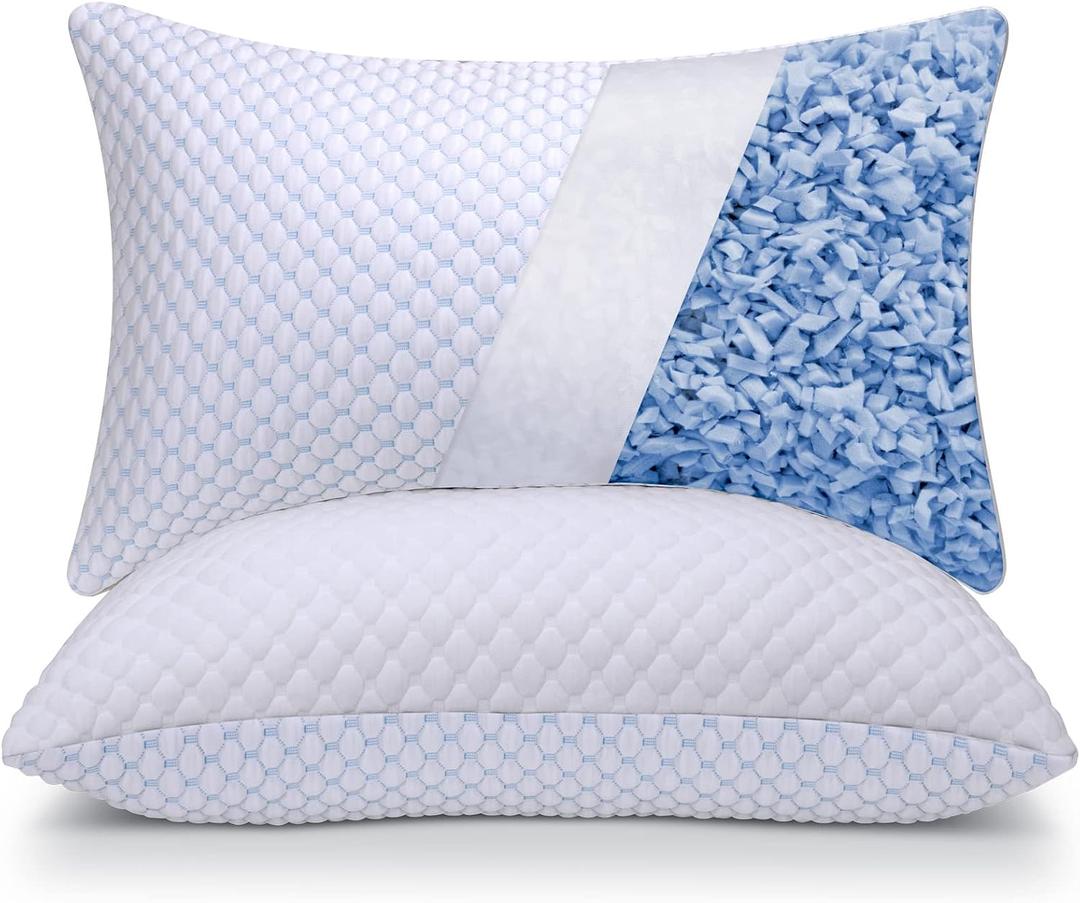 Cooling Pillow for Sleeping, CertiPUR-US Shredded Memory Foam Queen Pillow Set of 1, Cool Pillow for Hot Sleepers Adjustable Firm Pillow for Side, Back, Stomach Sleepers Soft Yet Support, White
