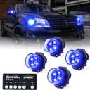 Xprite Blue LED Hideaway Strobe Lights Kit, 20 Flash Modes w/Control Panel Headlights Taillights Fog Light Interior Mounting for Construction Towing Snow Plow Pickup Work Trucks Cars 4 PCS