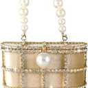Boutique De FGG Elegant Evening Handbag with Pearl Rhinestone Bucket Bag Crystal Clutch Purses for Wedding Party Small Tote (Gold)