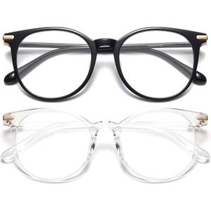 Gaoye 2 Pack Blue Light Blocking Glasses, Retro Round Eyewear Frame Anti Eyestrain Computer Glasses for Women Men - GY1688 (Black+Transparent)