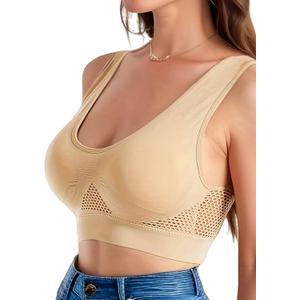 Wireless Sports Bras for Women Padded Breathable Hollow Out Seamless Support Yoga Walking Bra (Beige, S)