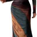 LIGHT DOT Women's Printed Bodycon Maxi Dress Long Sleeve Tie Dye Mesh Ruched Cocktail Dress (Yellow Green Brown, XL)