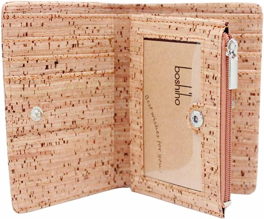 boshiho Eco Cork Friendly RFID Blocking Wallet Bi-fold Card Holder Vertical Wallet With Zippered Coin Purse & ID Window
