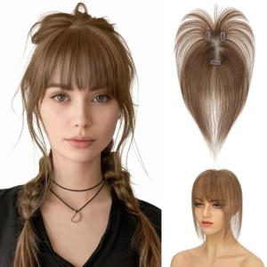 Hairro Clip In Bangs Short Hair Toppers For Women 3D Cover Remy Human Hair Wispy Thin Topper Hairpieces Clip On Fake Air Bang 11 Inches 14g #04 (Medium, Brown)