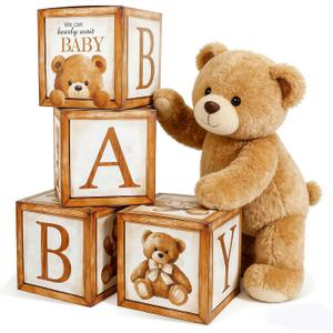 Whaline Bear Baby Boxes with Letters 11.8 Inch Cute Baby Shower Decoration We Can Bearly Wait Block Boxes for Nursery Classroom Gender Reveal First Birthday Backdrop Decor Photo Props, 4 Pcs