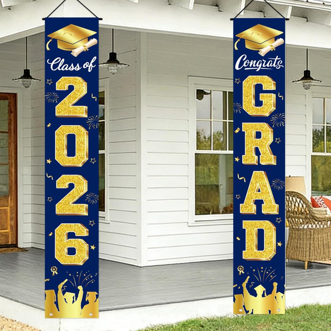 Graduation Decorations 2026, Navy Blue and Gold Door Porch Signs, Graduation Banner Class of 2026, Congrats Grad Banner for Door and Porch Graduation Party Supplies