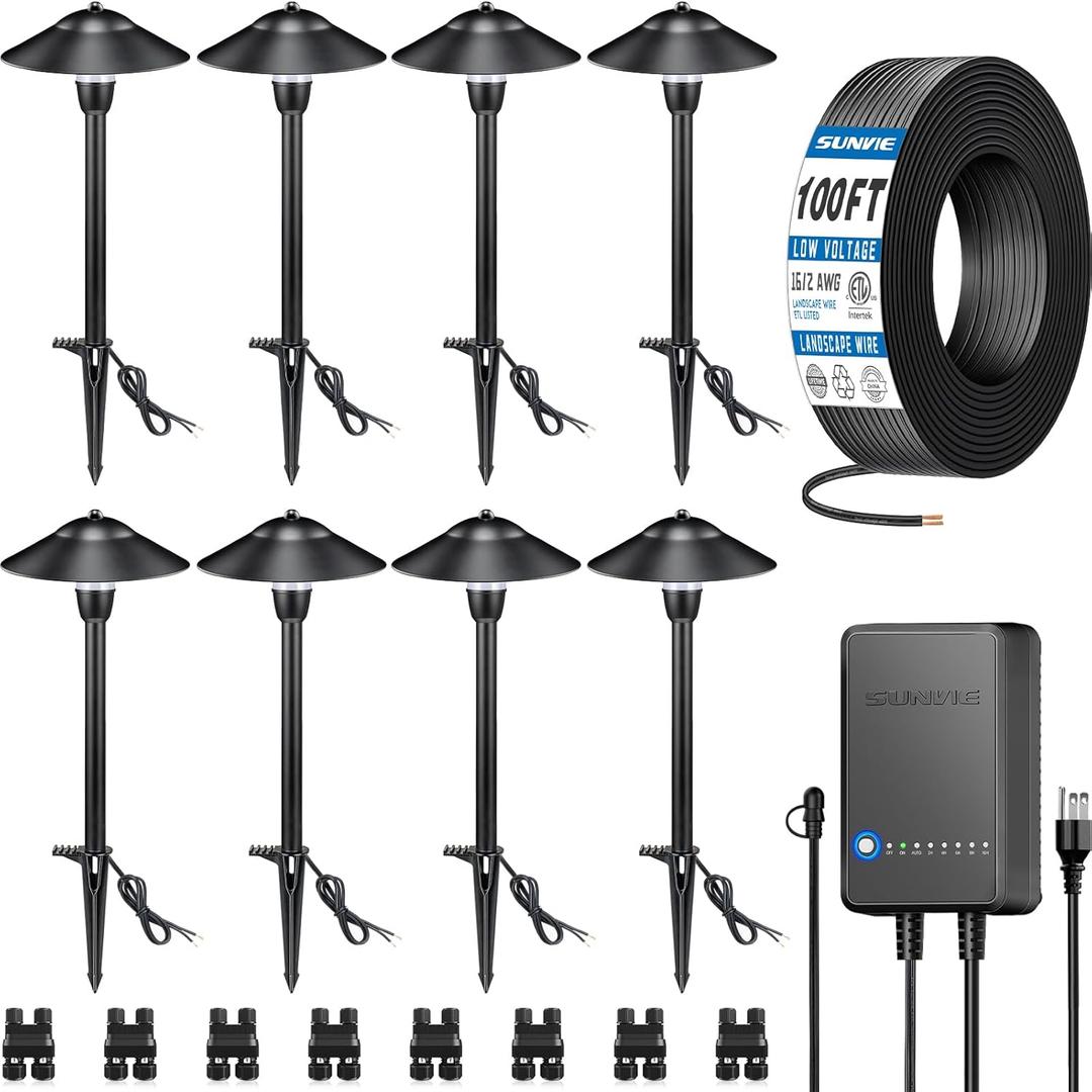 SUNVIE All-in-One LED Pathway Lighting Kit, 8-Pack Low Voltage Landscape Lights with Transformer and 100FT 16/2 AWG Wire, 3000K Waterproof Landscape Lighting with Connectors for Walkway Garden Yard (3000K Warm White)