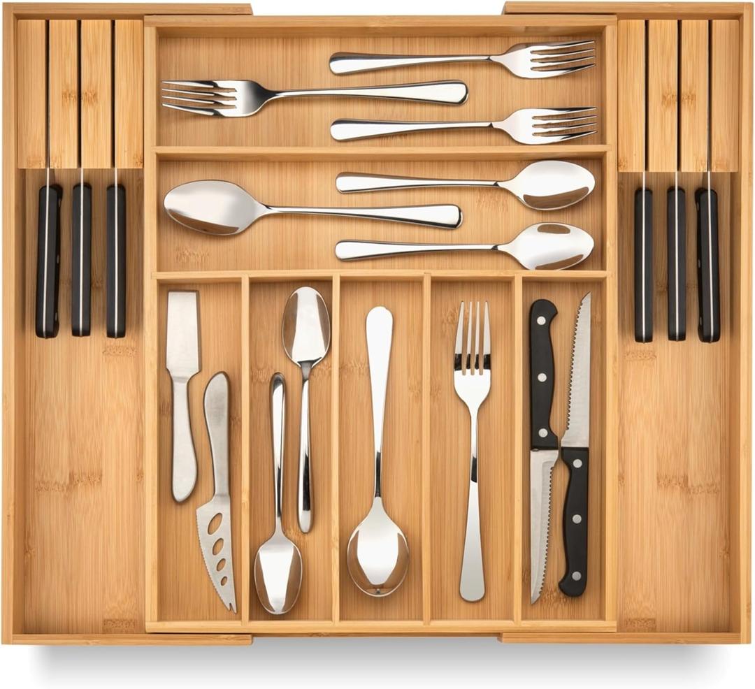 Purawood Kitchen Drawer Organizer with Knife Blocks - Utensil Drawer Organizer for Kitchen, Cutlery Tray & Silverware Organizer, 3-5 Slots - Bamboo Organizer for Utensils & Flatware (Natural)