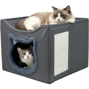 Cat Beds for Indoor Cats, Large Cat Houses with Cozy Condo,with Premium Tech Fabric& Scratch Pad, Round Window, Foldable Indoor Cat House Hold Up to 30LBS, with Reversible Cushion for Multi Small Pet
