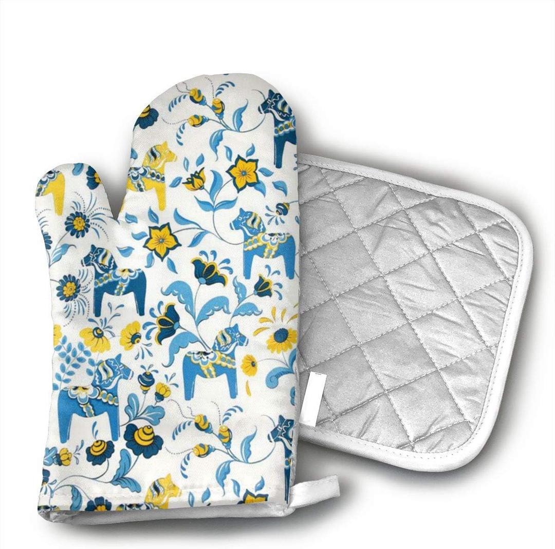 Scandinavian Swedish Dala Horses and Kurbits Flowers Oven Mitts - Pot Holders - Decor for The Kitchen - Potholder Oven Mitt Set (2 Piece) Includes 1 Potholders 1 Oven Mitts - Kitchen Decor