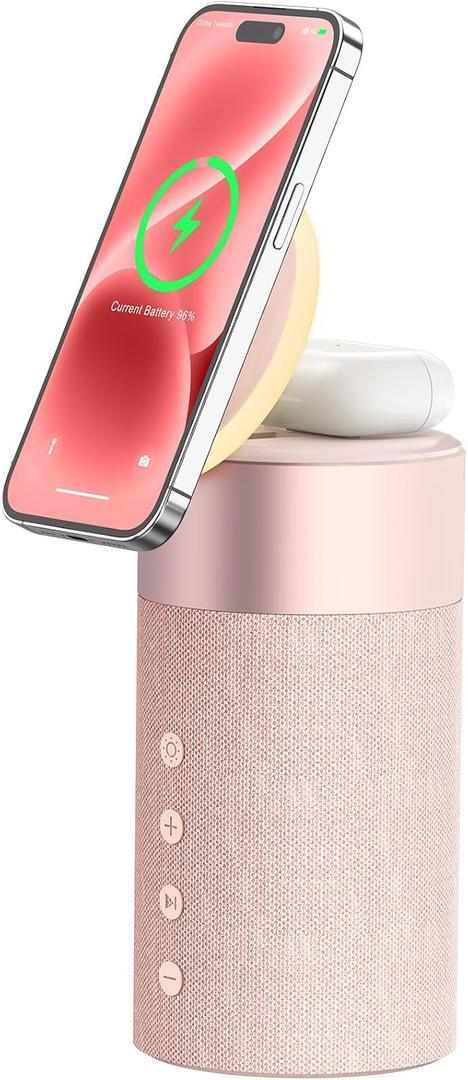 COLSUR Bluetooth Speaker, Magnetic Wireless Charger, Bluetooth Speakers with Night Light, 2 in 1 Wireless Charging Station for iPhone 17/16/15/14/13/12 Series, AirPods Pro 2/4/3/2Gift Ideal (Pink)
