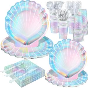144 Pcs Mermaid Themed Party Supplies Party Decorations Under the Sea Party Tableware Includes Clam Plates Napkins Cups Plastic Spoons Fork Knives for Baby Shower Birthday (7, 9 Inch)