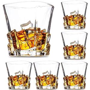 Premium Crystal Whiskey Glasses Set of 6 Large Lead-Free Crystal Glass Tasting Cups Scotch Glasses Tumblers for Drinking Irish Whisky Bourbon Tequila (Ice Cube, 6 * 9.6 oz)