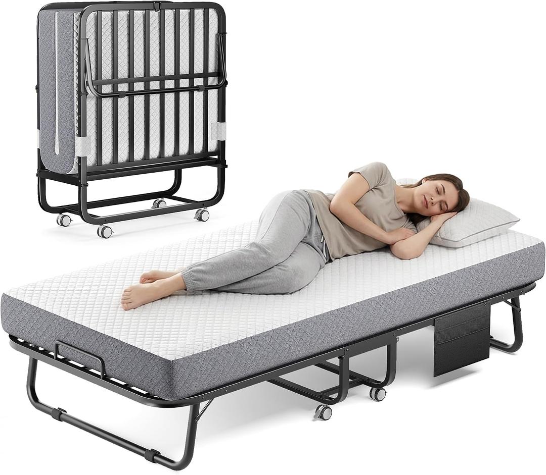 Folding Bed with Memory Foam Mattress, 75" x 31" Cot Size Portable Foldable Bed with Movable Wheels, Space-Saving Sturdy Metal Frame, Twin Rollaway Bed for Adults for Guest Room, Apartment, Camping