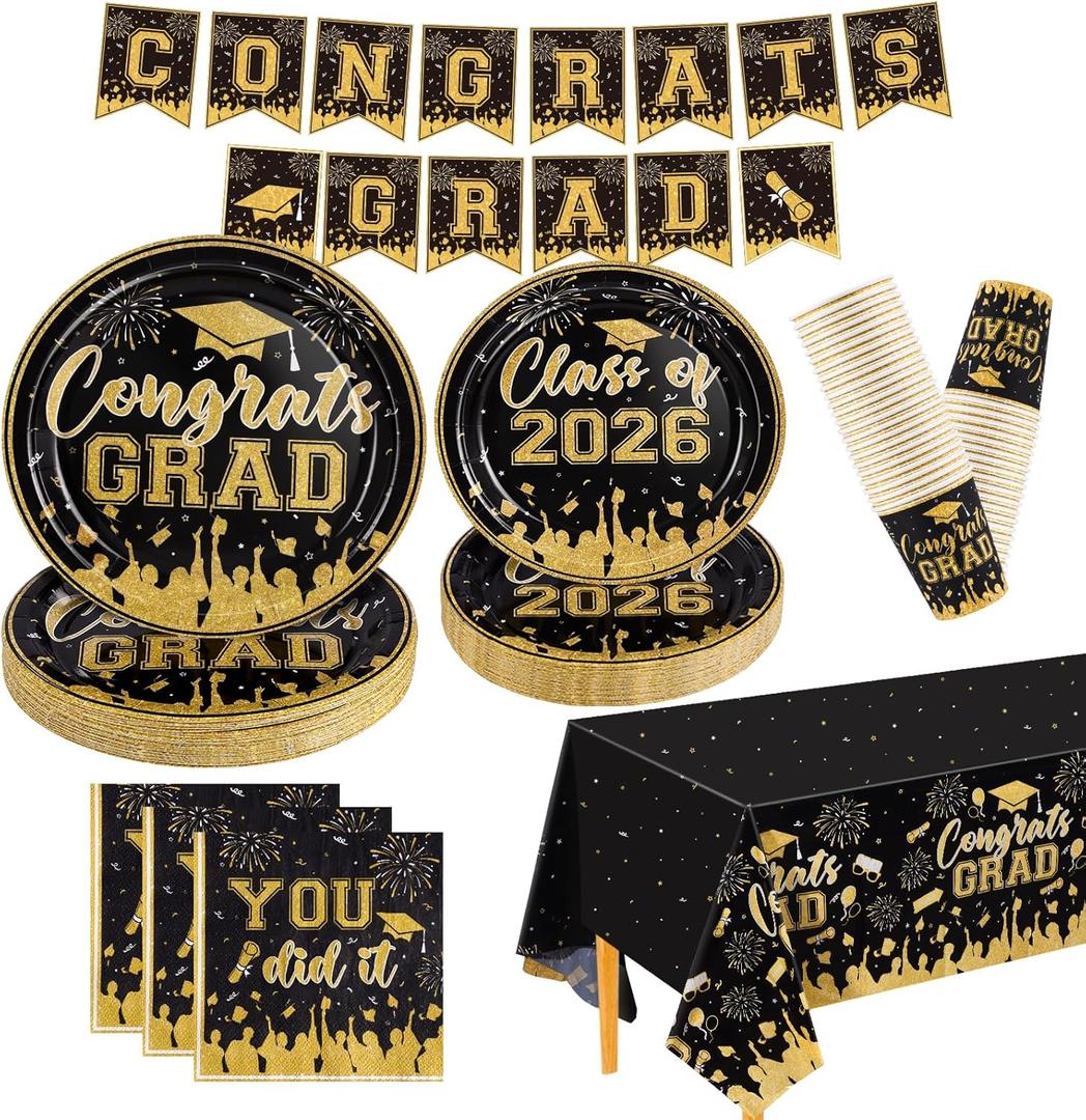 NatNarr Black and Gold Graduation Decorations 2026 Include Class Of 2026 Graduation Plates Napkins Cups Tablecloth Congrats Grad Banner for Middle College High School, 25 Guest