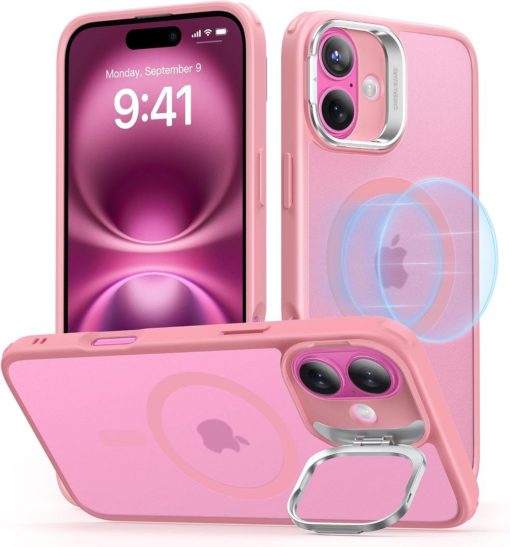 2 x ESR for iPhone 16 Case, Compatible with MagSafe, Military-Grade Protective Case, Built-in Stash Stand Phone Case, Scratch-Resistant Back Cover, Classic Series, Frosted Pink