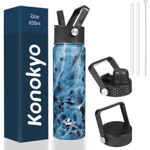 22oz Stainless Steel Bottles with 3 Lids Sport Insulated Water Bottle,Marble Ocean