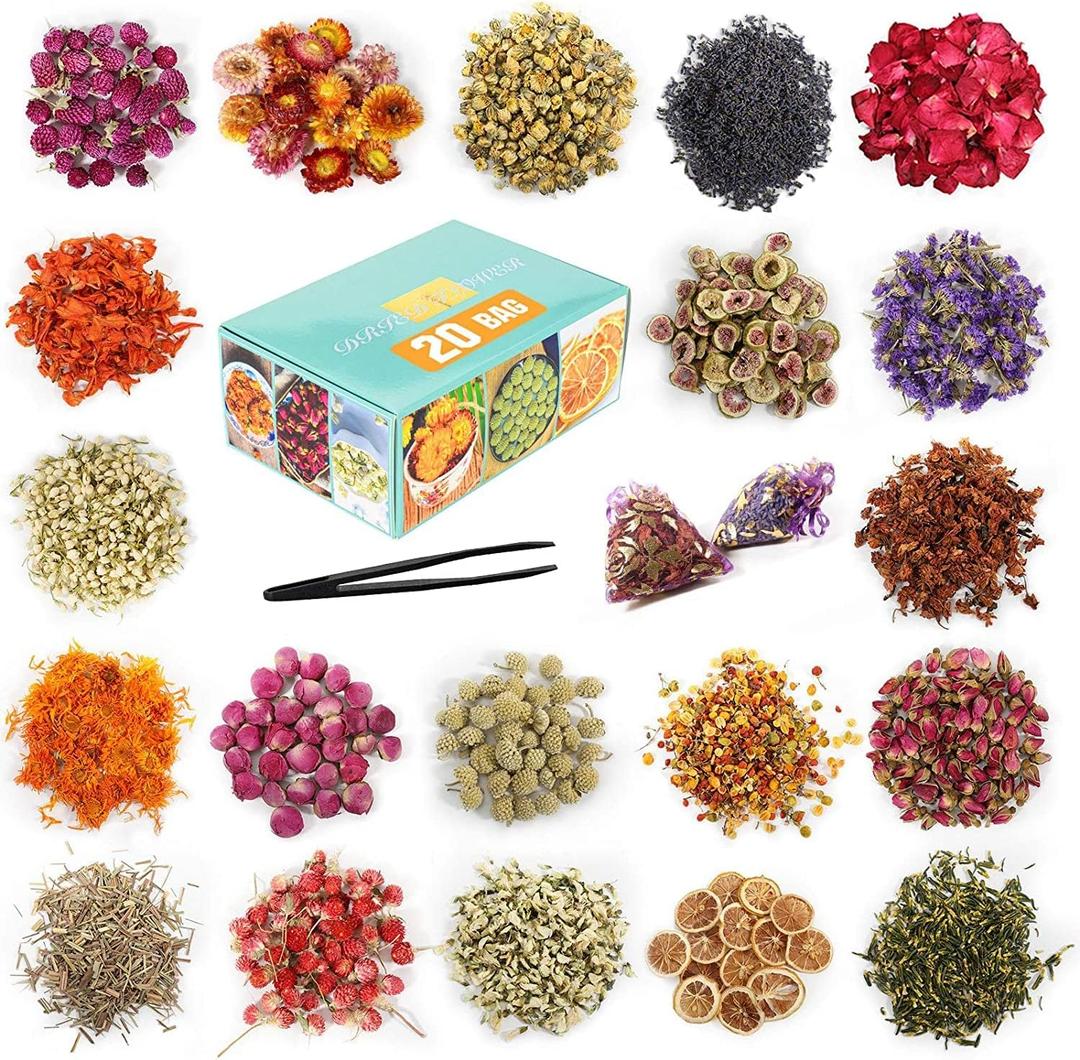 20 Bags Dried Flowers,100% Natural Dried Flowers Herbs Kit for Soap Making, DIY Candle Making,Bath - Include Rose Petals,Lavender,Don't Forget Me,Lilium,Jasmine,Rosebuds and More