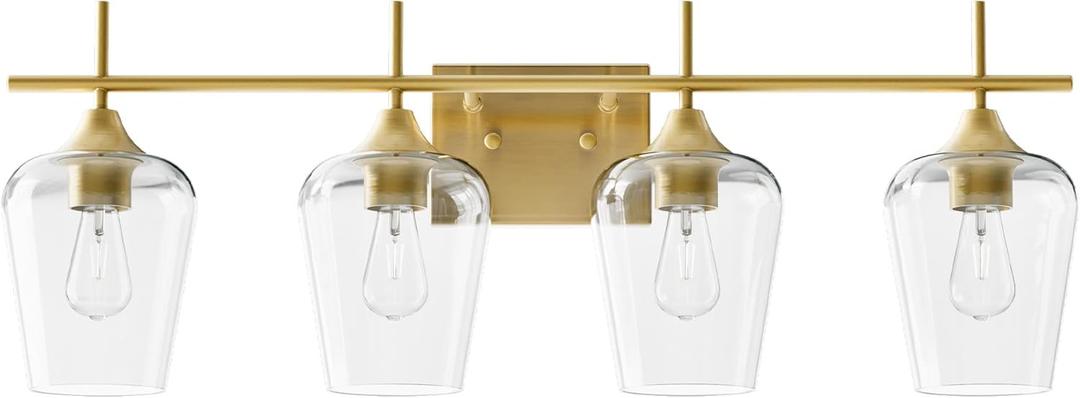 VONLUCE Bathroom Vanity Light, 4 Light Bathroom Light Fixture Over Mirror, Bathroom Wall Lamp with Clear Glass, Modern Gold Vanity Lighting fixtures for Bathroom, Bedroom, Hallway VONLUCE Bathroom Vanity Light, 4 Light Bathroom Light Fixture Over Mirror, Bathroom Wall Lamp with Clear Glass, Modern Gold Vanity Lighting fixtures for Bathroom, Bedroom, Hallway